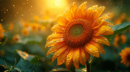 Sunflower Head in Full Bloom Covered in Raindrops Shining in the Sunlight