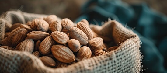 A bag filled with organic almond nuts is placed prominently on a wooden table. The almonds are ripe, showcasing their natural texture and color, ready to be enjoyed or used in cooking.