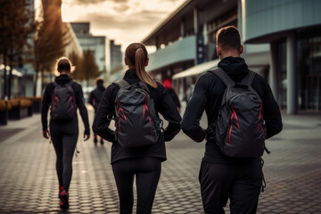 Group of sport people rucking and walking at street in modern city. Rucking active walking with backpack that contains extra weight. Trendy challenge. View from back. - obrazy, fototapety, plakaty