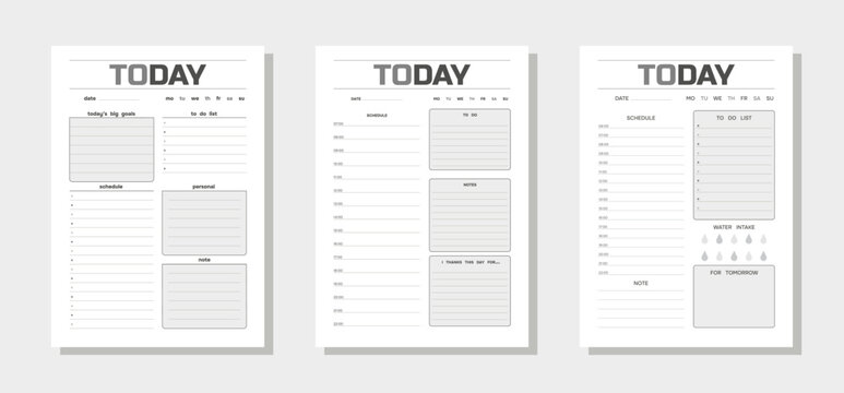 Three vector simple black and white daily planners in one modern style. Minimalist design of organizer schedule pages with to do list for today for effective planning