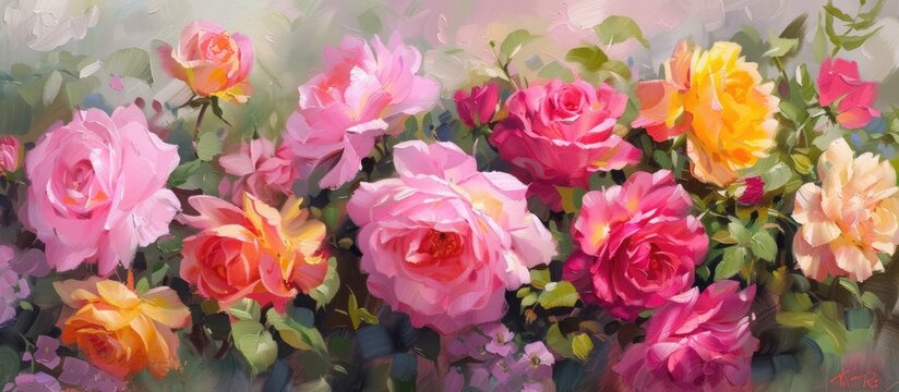 This painting depicts a bouquet of vibrant pink and yellow roses arranged in a vase, showcasing a burst of color and beauty in a garden setting. The flowers are detailed and lifelike, adding a touch