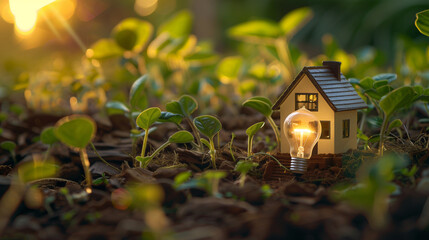 Bulb in the grass, Light bulb in the forest, Small house model and light bulb on the ground for, Ai generated image