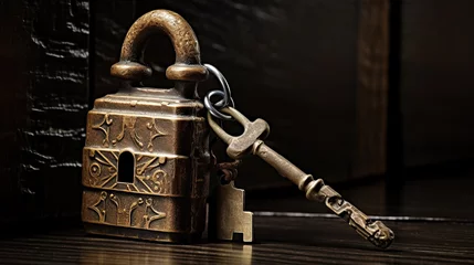 Gordijnen Old vintage key and padlock lying near ancient door © Fajar