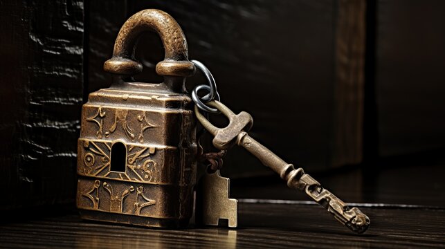 Old vintage key and padlock lying near ancient door