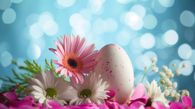 Easter day, Spring flowers and colorful easter egg with pastel Easter wallpaper with easter eggs in a basket ai generated image, Easter poster and banner template with Easter eggs, Ai generated image