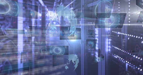 Image of scopes on screens, mathematical equations and data processing over computer servers