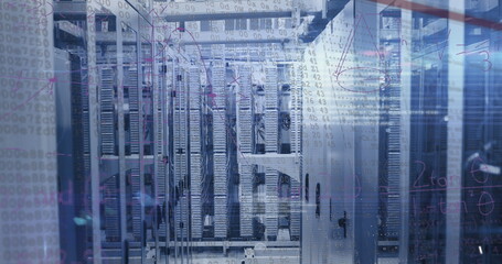 Image of mathematical equations and data processing over computer servers