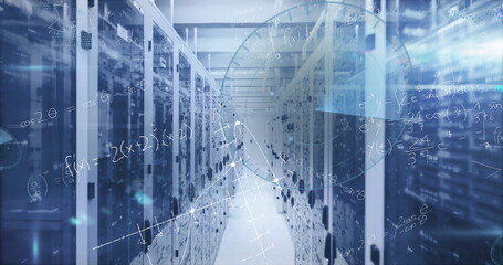 Image of mathematical equations and data processing over computer servers