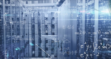 Image of mathematical equations and data processing over computer servers
