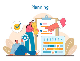 Planning phase in IT project management. Detailed depiction of strategic scheduling