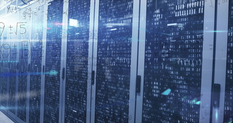 Image of mathematical equations and binary coding over computer servers