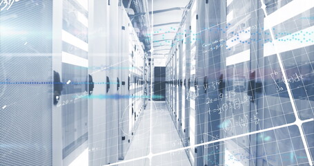 Image of mathematical equations and data processing over computer servers