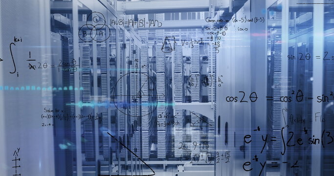 Image of mathematical equations and data processing against computer servers