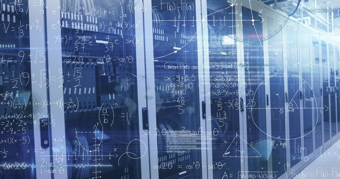 Image of mathematical equations and data processing over computer servers - Powered by Adobe