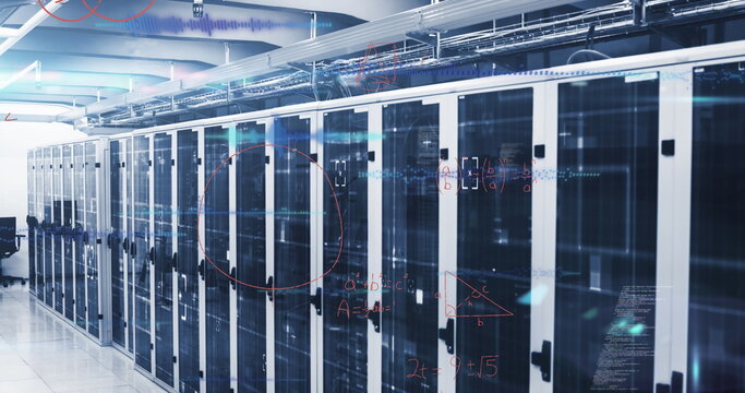 Image of mathematical equations and data processing against computer server room