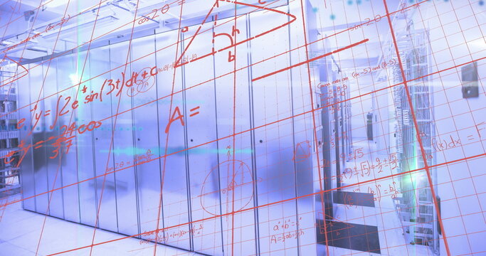 Image of mathematical equations and data processing over computer servers