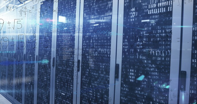 Image of mathematical equations and binary coding over computer servers - Powered by Adobe