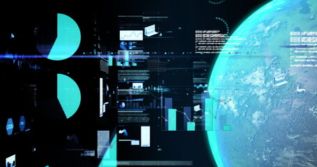 Image of graphs, data and globe on black background