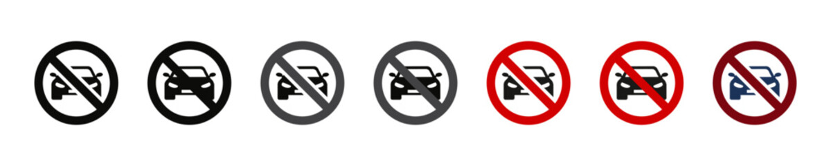 Sign stop car. Symbol prohibited automobile. Auto car ban. No cars allowed. Red prohibition sign. Modern icons forbidden traffic car in vector design