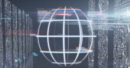 Image of data, integrated circuits and globe on black background