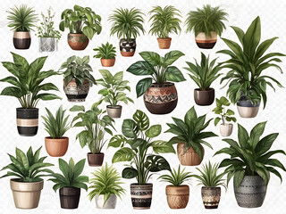 Set of different houseplants illustrations in flower pots on white background. 