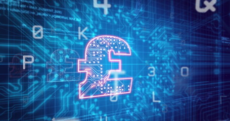 Image of numbers and pound over blue background with integrated circuit
