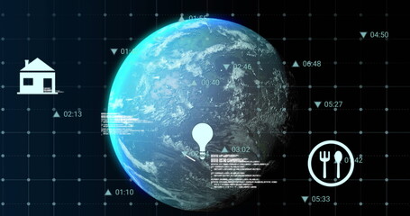 Image of data processing and icons over globe on black background