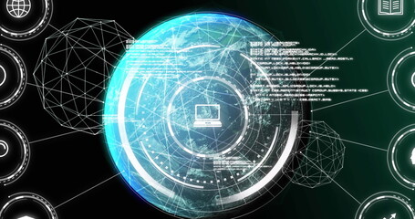 Image of data, icons, connections and globe on black background
