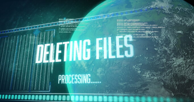 Image of deleting files, data and globe on green background