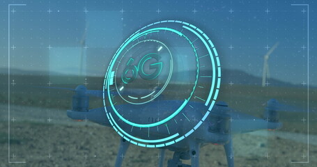 Image of 6g text over data processing and drone