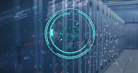 Image of 6g text over data processing and server room