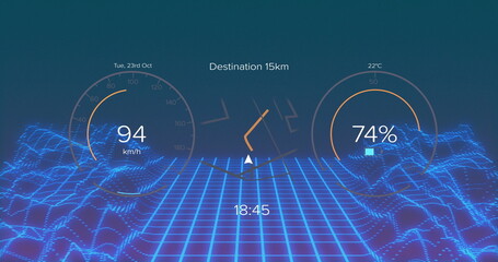 Image of interface with charging battery icon and speedometer over moving shapes