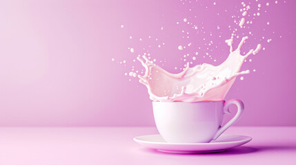 Obraz na płótnie Canvas Milk cream exploding with splashes from cup. Coffee concept. Pastel violet bright background, copy space. Generative AI