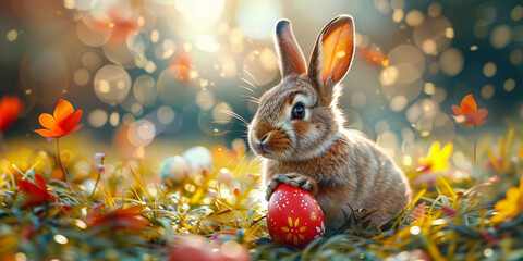Fototapeta na wymiar Whimsical Woodland Bunny Delight .Happy Easter bunny with many colorful Easter eggs .