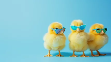 Foto auf Alu-Dibond Baby chicken on the farm, three yellow chicks with blue sunglasses bang studio, Ai generated image © PixxStudio
