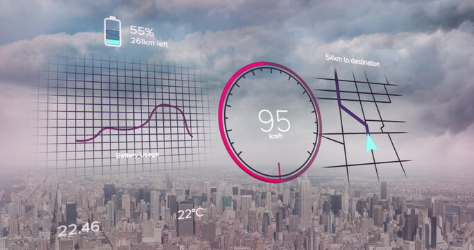 Image of interface with charging battery icon and speedometer over cityscape