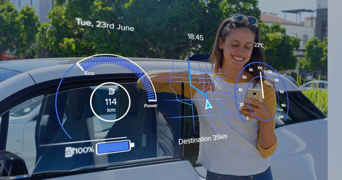 Image of interface with charging battery icon and speedometer over woman with smartphone
