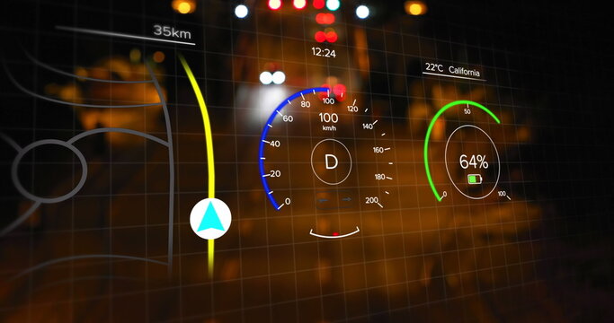 Image of interface with charging battery icon and speedometer over road