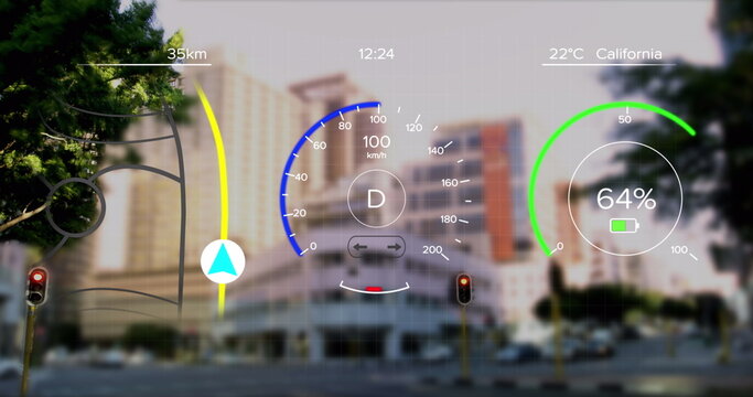 Image of interface with charging battery icon and speedometer over cityscape
