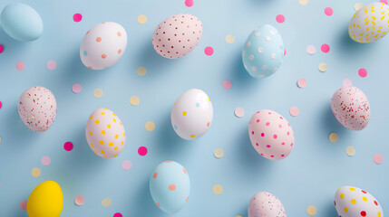 Fototapeta na wymiar Eggs on white background, Top view of colorful decorated easter eggs. Easter wallpaper with easter eggs in a basket, Easter day, Easter poster and banner template with Easter eggs, Ai