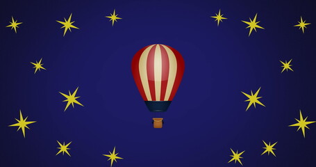 Fototapeta premium Image of hot air balloon over stars on blue background