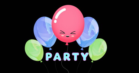 Image of party text over colorful balloons on black background