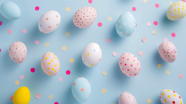 Eggs on white background, Top view of colorful decorated easter eggs. Easter wallpaper with easter eggs in a basket, Easter day, Easter poster and banner template with Easter eggs, Ai