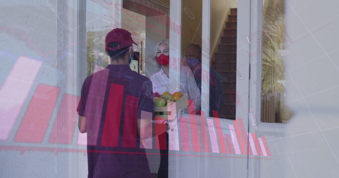 Image of data processing over caucasian woman with face mask taking vegetables