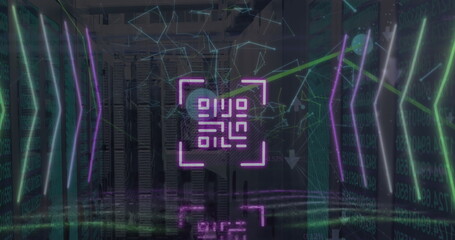 Image of qr code and network of connections over server room