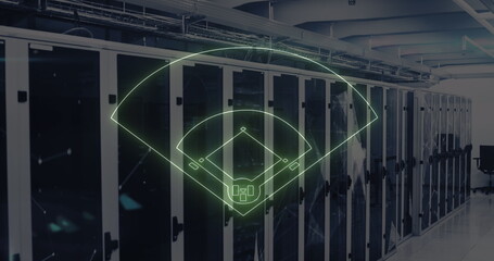 Image of neon stadium over server room