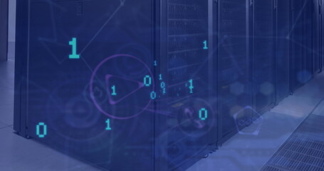 Image of data processing and icons over server room