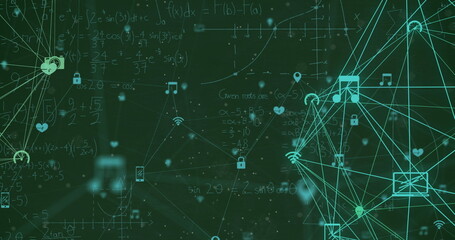 Image of network of connections with icons over mathematical equations on black background