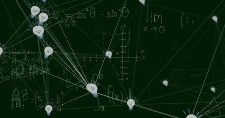 Image of network of connections with icons over mathematical equations on black background