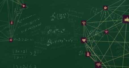 Image of network of connections with icons over mathematical equations on green background